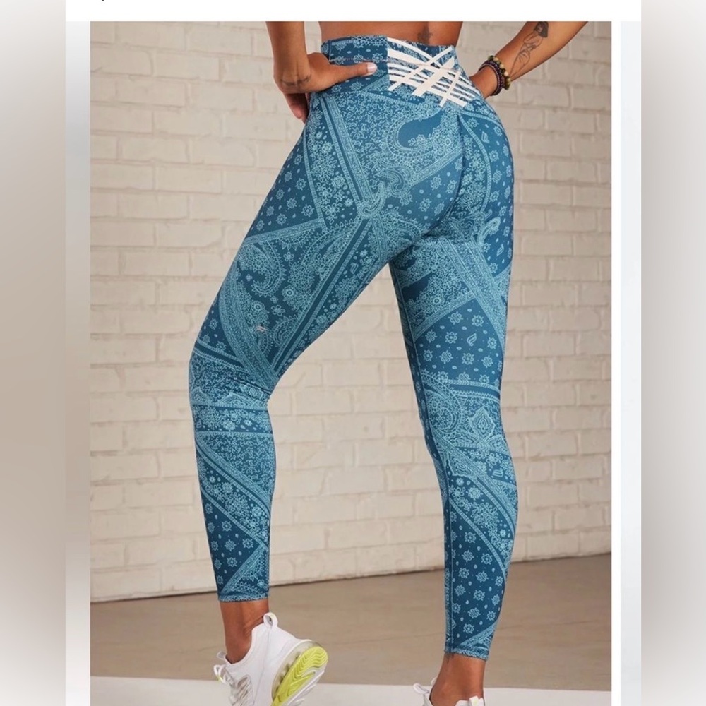 Fabletics S Powerhold Blue Patchwork Lacework Hig… - image 1